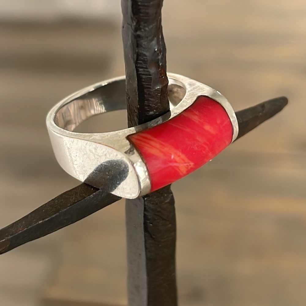 Vintage Red Coral Sterling Silver Ring
